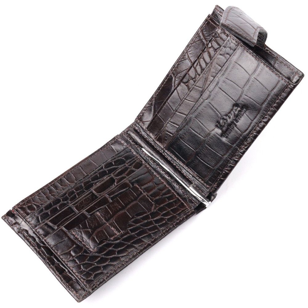 Функціональний чоловічий затиск із натуральної лакованої фактурної шкіри під крокодила KARYA 21044 Коричневий Київ - фото 7