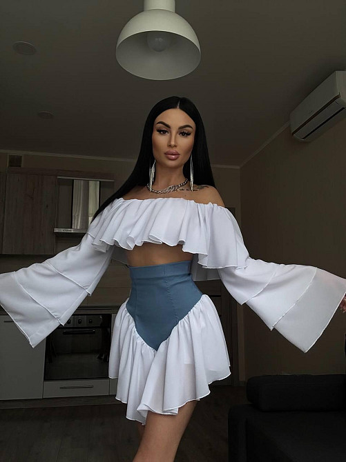 Женский романтичный костюм двойка: многослойная блуза и шорты-юбка креп шифон + джинс бенгалин Одесса - изображение 10