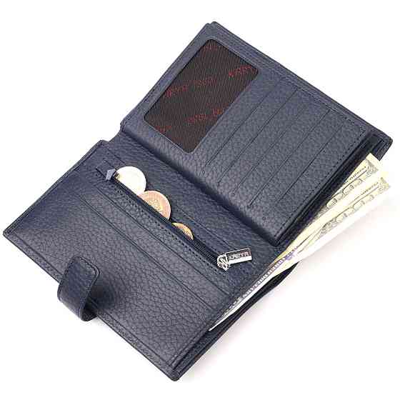 Вертикальное мужское портмоне с хлястиком из натуральной кожи KARYA 21190 Синий Киев