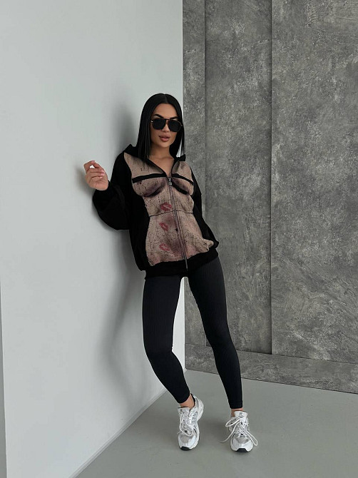 Женская стильная оверсайз худи с капюшоном на молнии петля пенье + турецкая рибана Одесса - изображение 7