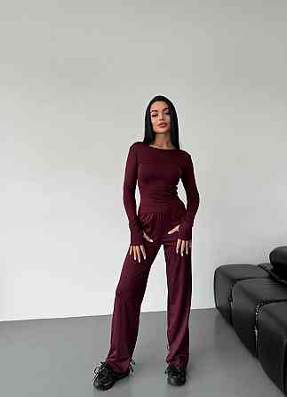 Женский базовый костюм тройка: лонгслив, футболка и штаны микродайвинг Бордо Одесса