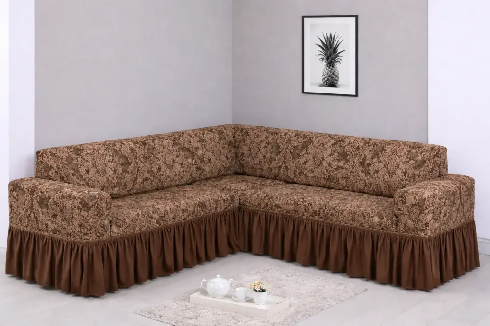 Угловой жаккардовый чехол на диван, универсальный натяжной чехол, накидка на диван Коричневый Коломыя - изображение 1