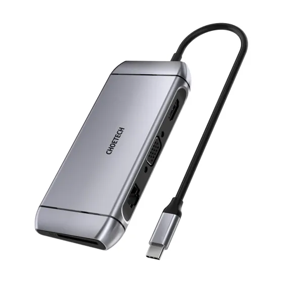 USB-C хаб 9-в-1 Choetech M15 HDMI 4K@30Hz, VGA, 3 USB3.0, RJ45, USB-C PD, SD-card, TF-card (43-00153) Киев