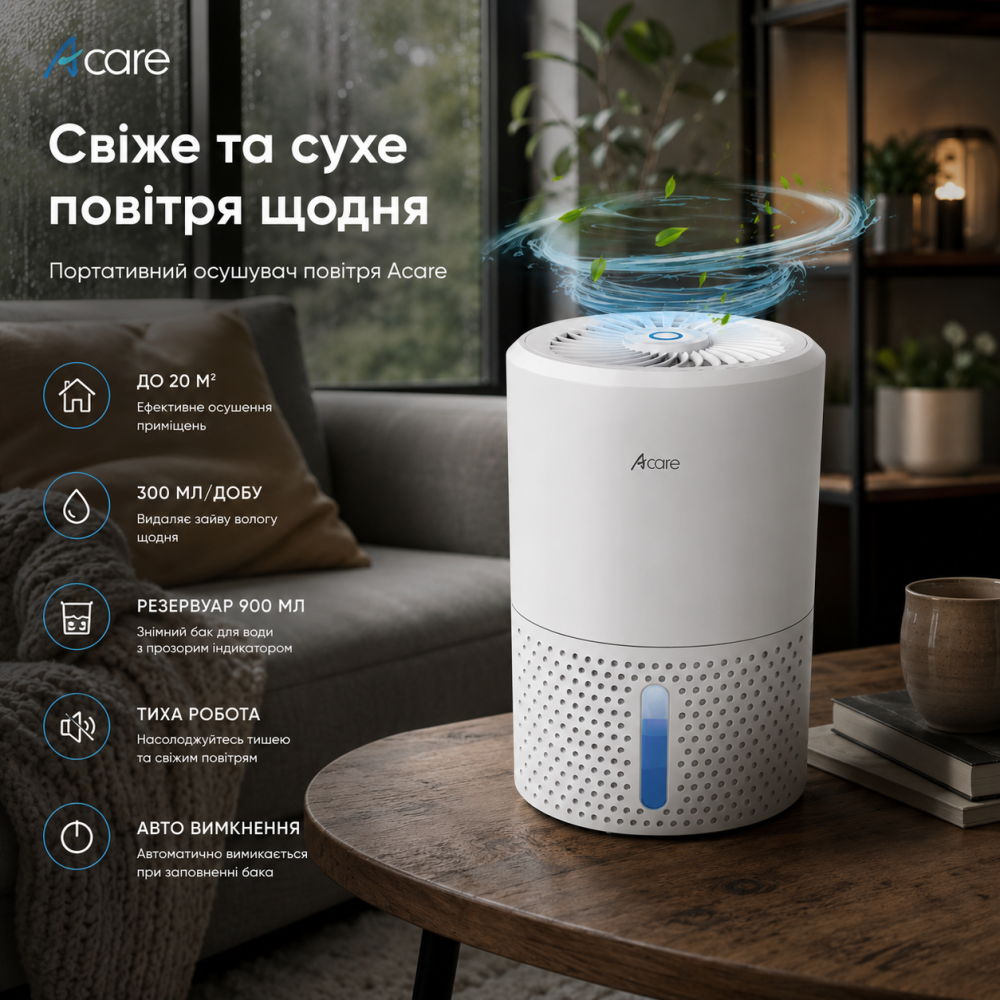 Портативний осушувач повітря Acare до 20 м², резервуар 900 мл, 300 мл/добу, безшумний осушувач з авто вимкненням Київ - фото 11