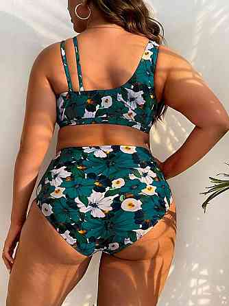 Жіночий роздільний купальник бікіні Plus Size великих розмірів з тонким поролоном та високими плавками зелений Київ