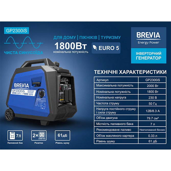 Генератор Brevia инверторный бензиновый 2,0кВт (ном 1,8кВт) Днепр - изображение 2