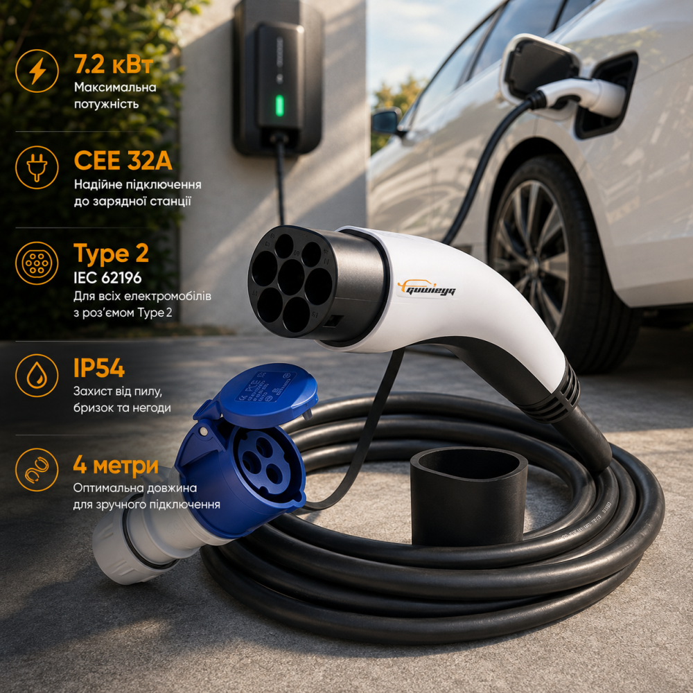 Адаптер Type 2 (IEC 62196) на CEE 32A 7,2 кВт, кабель 4 м, IP54 для зарядних станцій електромобілів Київ - фото 8