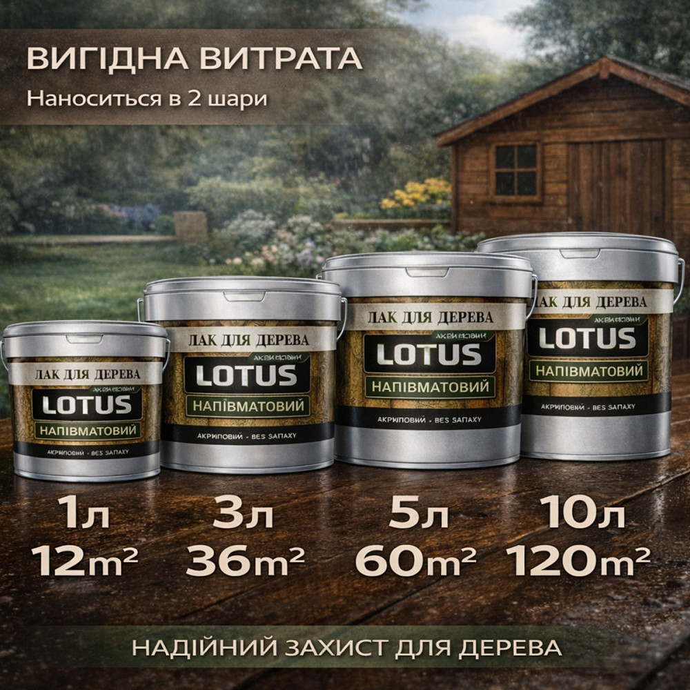 Лак акриловий для дерева LOTUS напівматовий прозорий зносостійкий універсальний для підлоги меблів та фасаду без запаху 1 л Харків - фото 8