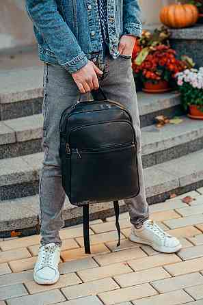 Кожаный городской мужской рюкзак классический черный из натуральной кожи качественный Tiding Bag Киев