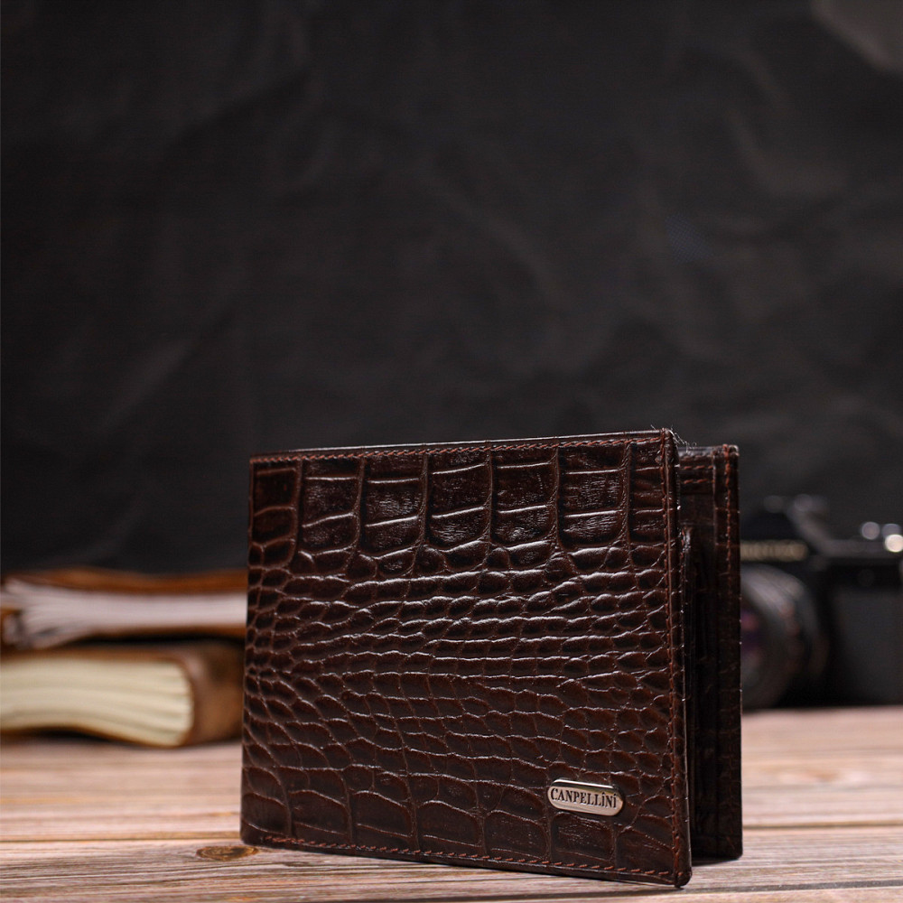 Чоловічий гаманець без застібки з натуральної шкіри з тисненням під крокодила Коричневий (CANPELLINI) Київ - фото 2