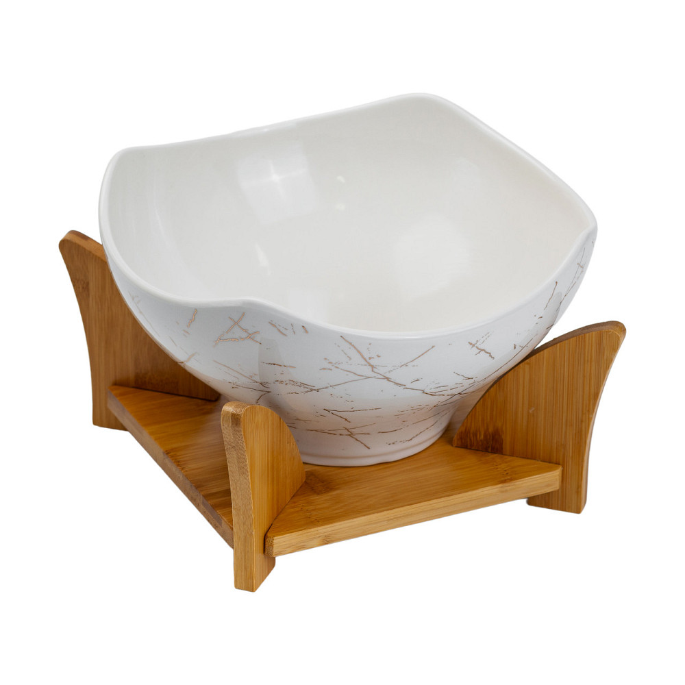 Yiwu Салатниця га бамбуковій підставці з виделкою і ложкою 22*22*14 см Білий Київ - фото 5