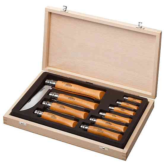 Універсальний Набір Ножів 10 штук у дерев'яній коробці Opinel "No.02 - 12" (183104/183102) Вуглецева сталь Нововолинськ