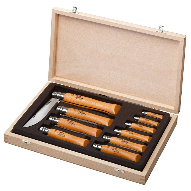 Універсальний Набір Ножів 10 штук у дерев'яній коробці Opinel "No.02 - 12" (183104/183102) Вуглецева сталь Нововолинськ - фото 1