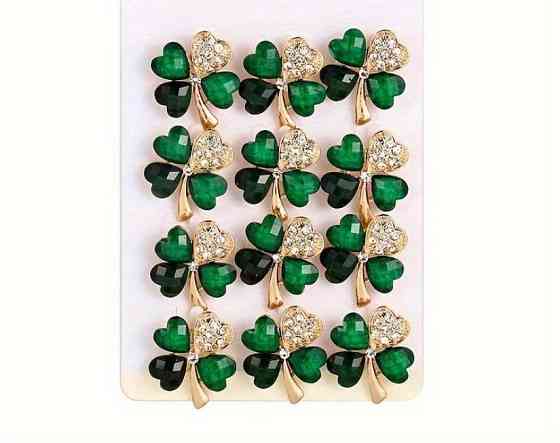 Брошь четырехлистник зеленый клевер со стразами, брошь на удачу 3×2.5 см Киев