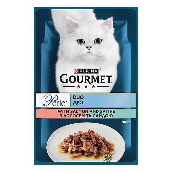 Влажный корм GOURMET Perle Duo для взрослых кошек, мини филе в соусе, с лососем и сайдой, 85 г Киев