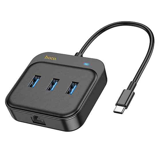 Хаб HOCO HB35 Easy link 4-in-1 Gigabit Ethernet Adapter(Type-C to USB3.0*3+RJ45)(L=0.2M) Black (6931474799005 ) Київ