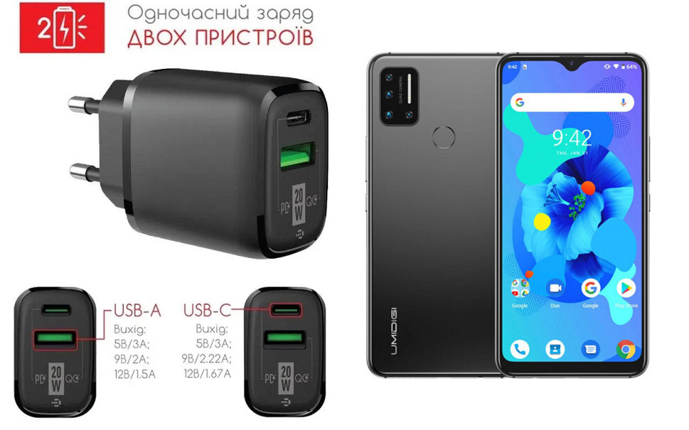 Сетевое зарядное устройство для Umidigi A7 Pro, 20W 3A, Quick Charge 3.0 Киев - изображение 1