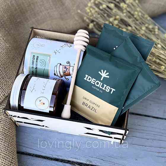 Подарунок вчителю в дерев'яному боксі: чашка, кава та крем-мед Ірпінь