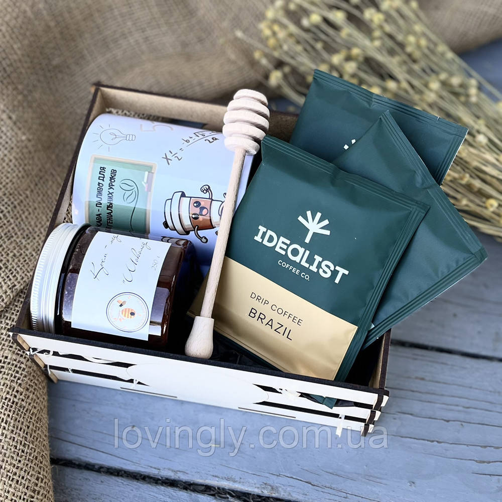 Подарок учителю в деревянном боксе: кружка, кофе и крем-мёд Ирпень - изображение 1