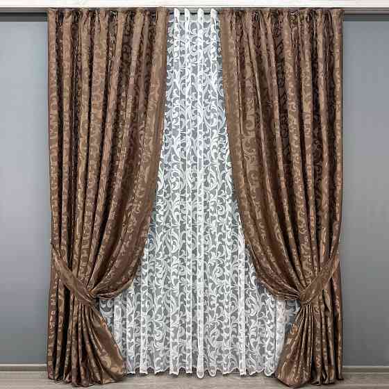 Комплект штор VR-Textil Жаккард Вензель 150х270 2шт и Тюль 500х270 478ш-1147т Коричневый с белым 71-103/4 Киев