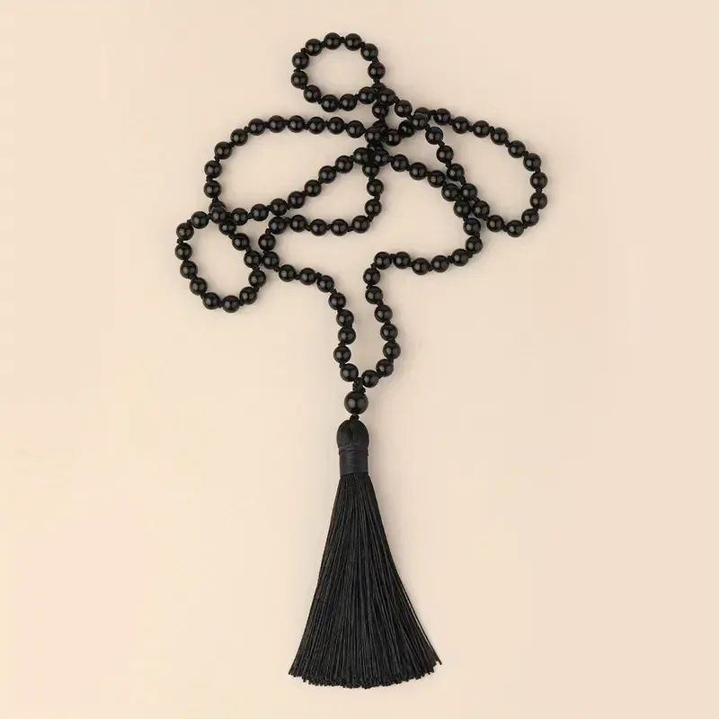 Намисто-чотки з чорного оніксу 86 см – натуральний камінь, оберіг з китицею Київ - фото 3