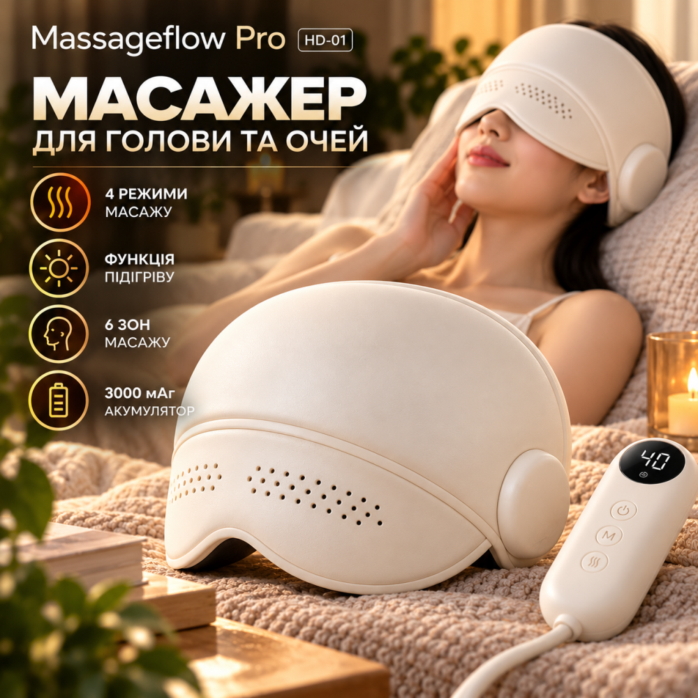 Масажер для голови та очей Massageflow Pro, бездротовий компресійний масажер із підігрівом, 6 зон, 4 режими, 3000 мАг Київ - фото 1