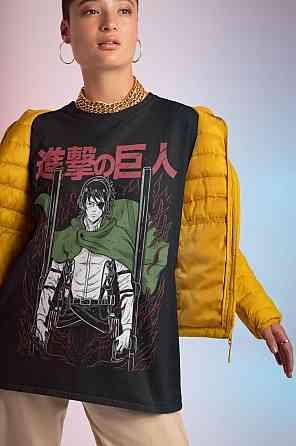 Футболка з аніме принтом Атака титанів оверсайз (S/M/L) Чорний AnimeJ0803 Дніпро