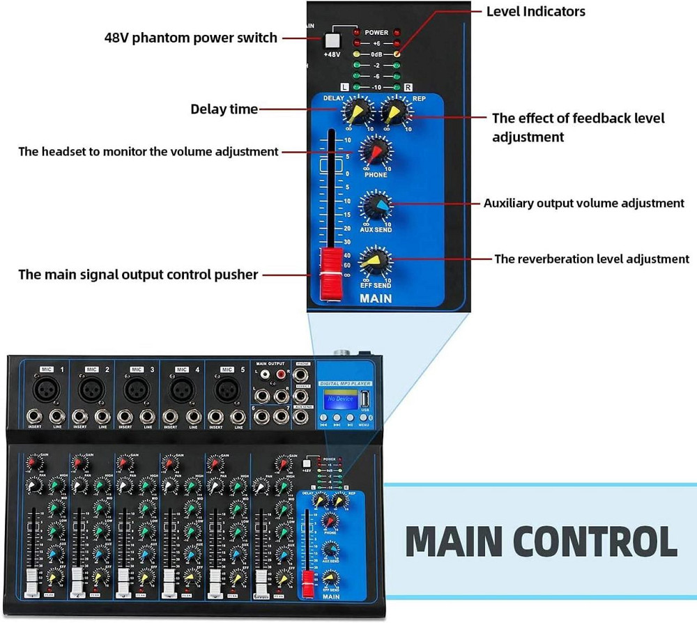 Портативний DJ аудіомікшер Depusheng HT7 Bluetooth з USB MP3 7-канальний Дніпро - фото 8