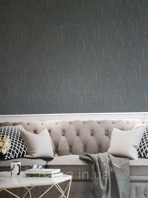 Ообои виниловые на флизелине Decoprint Moments MO22833 лофт геометрия полосы полукруг золотые на черном Киев - изображение 2