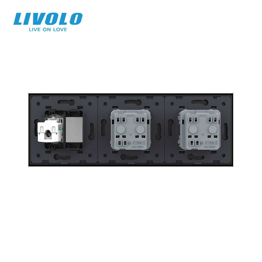 Розетка тримісна комбінована Силова Інтернет Livolo чорний скло (VL-C7C2EU1CK0-12) Коломыя - изображение 4