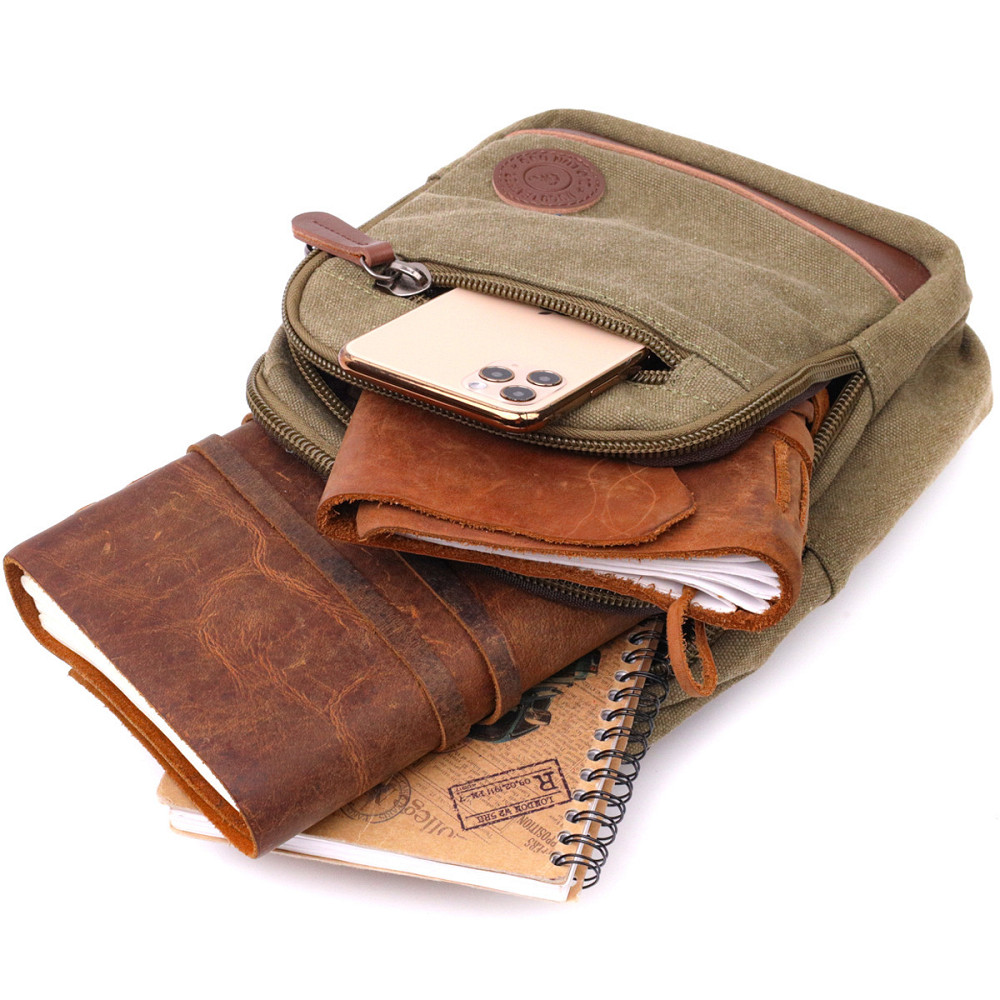 Мужская практичная сумка через плечо с уплотненной спинкой Оливковый (Vintage) Киев - изображение 2