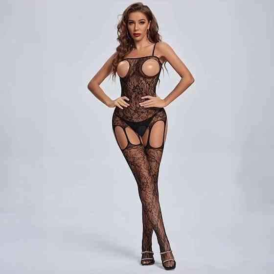 Бодістокінг еротичний сітчастий з геометричним візерунком з відкритими грудьми XS-S-M Чорний Вінниця