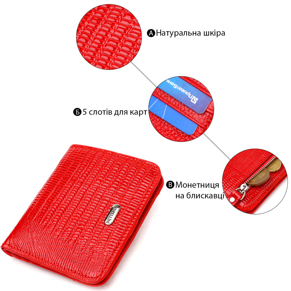 Лакированный женский кошелек небольшого размера из натуральной фактурной кожи CANPELLINI 21800 Красный Киев - изображение 4