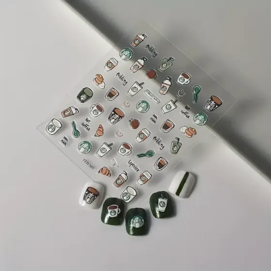3D стікери для манікюру “Кава та десерти” – об’ємні наклейки з чашками та солодощами Київ