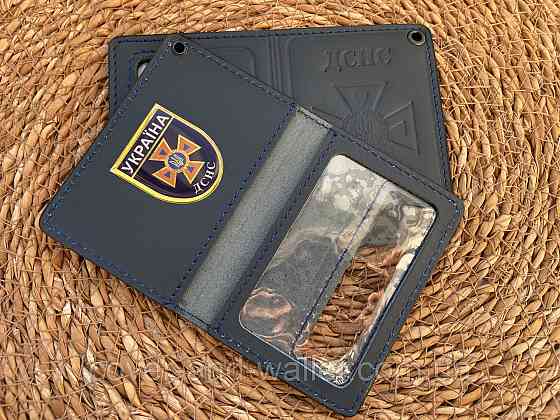 Обкладинка шкіряна на посвідчення ДСНС з шевроном синього кольору P_Leather Київ