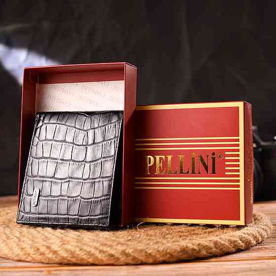 Оригинальный кошелек для мужчин в два сложения из натуральной фактурной кожи с тиснением под крокодила Черный (CANPELLINI) Киев