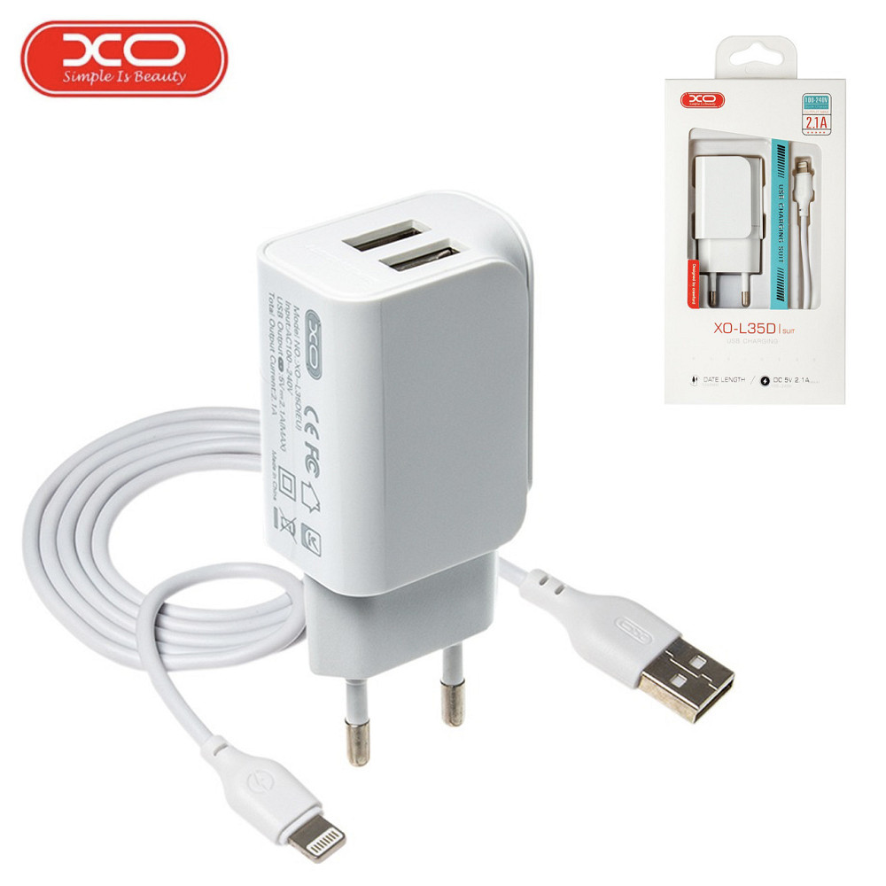 Мережевий зарядний пристрій з кабелем USB - Lightning XO L35D 2USB/2.1A Білий Кам'янець-Подільський - фото 3