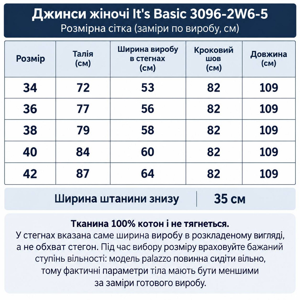 Джинсы женские It’s Basic 3096-2W6-5 palazzo широкие свободного кроя синие, синий, 34, 34, 72 см, 99 см Киев - изображение 8