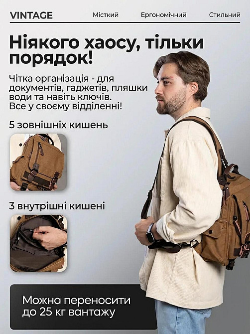 Текстильна сумка-рюкзак на одне плече коричнева (Vintage) Київ - фото 13