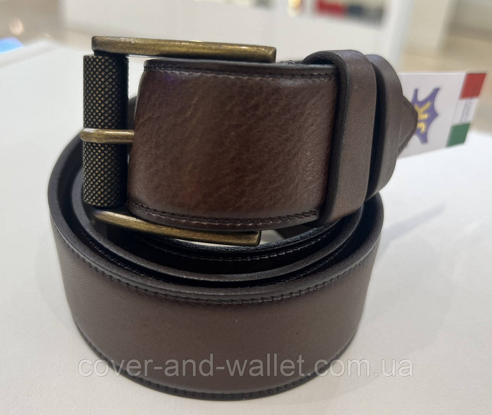 Мужской кожаный ремень под джинсы с золотистой пряжкой в коричневом цвете 40 мм PS Leather Киев - изображение 4