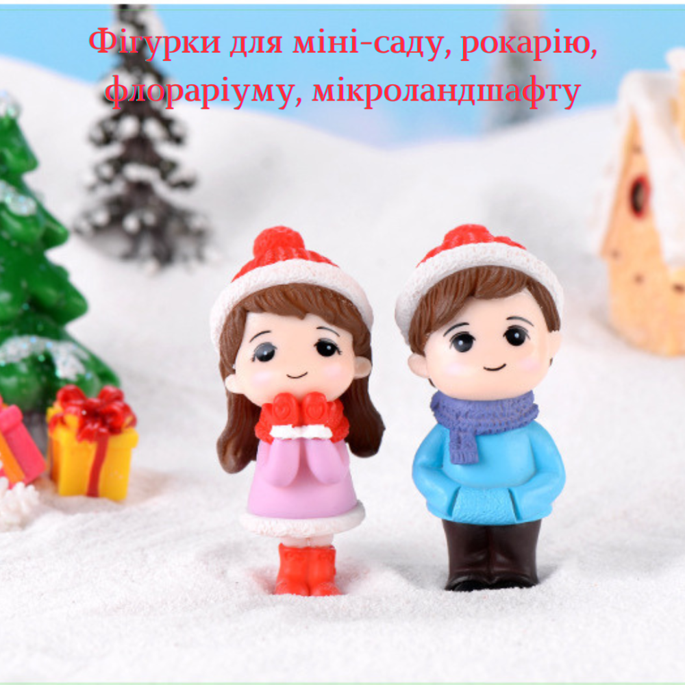 Новогодние фигурки Дети со снеговиком для миниатюры, мини-сада, флорариума, декора интерьера. Набор 3 фигурки Красный Одесса - изображение 2