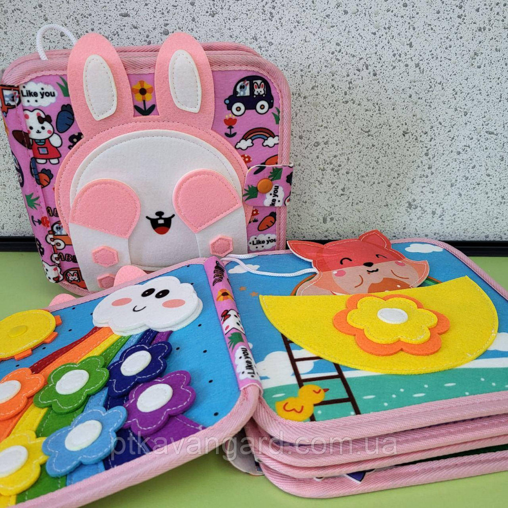 Книга бізіборд фетрова розвиваюча "Зайчик" м'який сортер на липучках C 74034 рожевий Хмельницький - фото 2