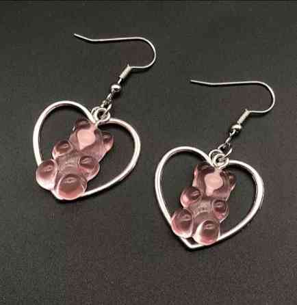 Серьги мармеладные мишки в сердечке розовые - размер мишки 2,3*1,8см, смола Киев