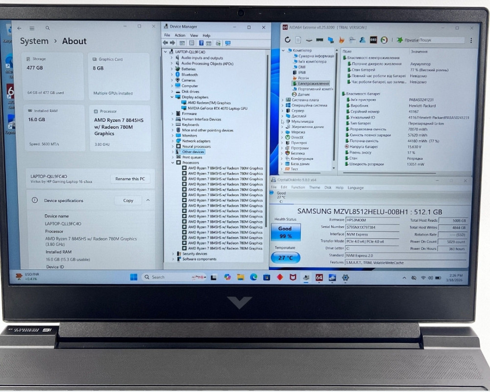 HP Victus 16-S1023DX R7 8845HS 16GB RAM 512GB SSD RTX 4070 Гарантія. Харків - фото 5