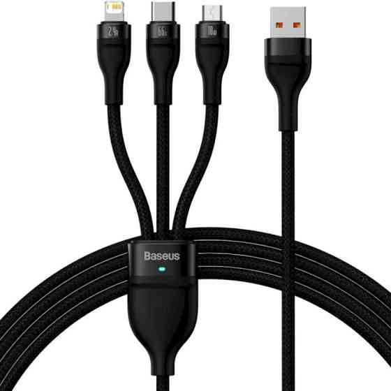 Кабель Baseus Flash Series Ⅱ One-for-three Fast Charging Data Cable USB to M+L+C 66W 1.2m Black Київ