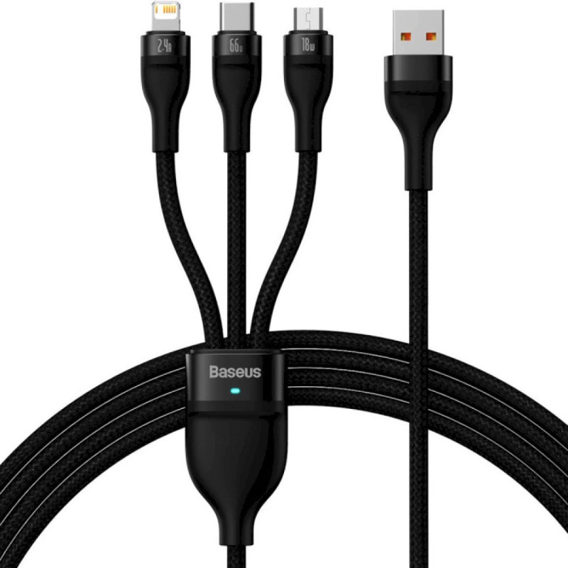 Кабель Baseus Flash Series Ⅱ One-for-three Fast Charging Data Cable USB to M+L+C 66W 1.2m Black Киев - изображение 1