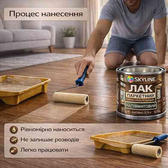 Лак для підлоги напівматовий Skyline паркетний, акрил-поліуретановий, водний, зносостійкий, без запаху, 10 л Харків