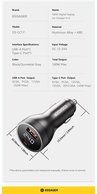 Автомобільний зарядний пристрій Essager ES-CC17 100W A+C (USB-A + Type-C) — потужна швидка зарядка для смартфонів та ноутбуків Миколаїв - фото 7