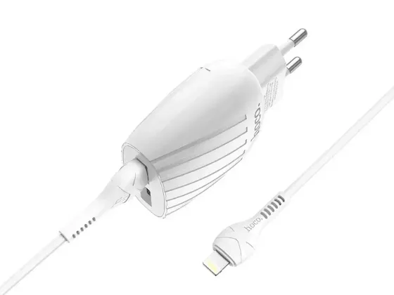 Мережевий зарядний пристрій Hoco C78A Max Energy 220V (10.5W, 5V/2.4A) на 2 USB-порти з LED-індикатором та кабелем Lightning Одеса