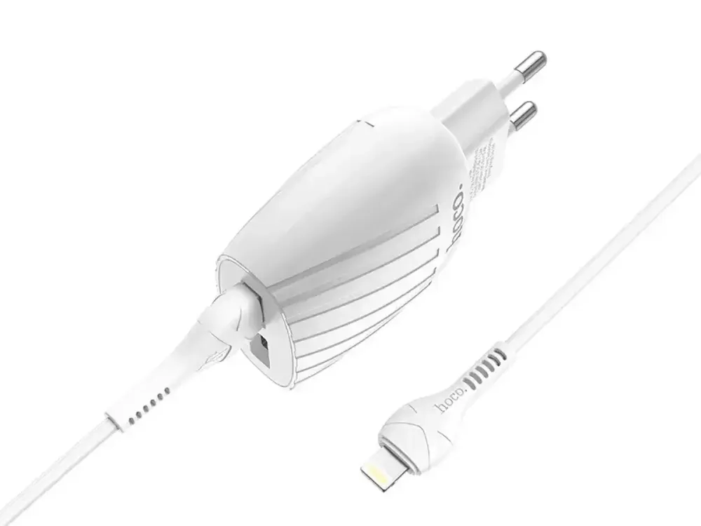 Мережевий зарядний пристрій Hoco C78A Max Energy 220V (10.5W, 5V/2.4A) на 2 USB-порти з LED-індикатором та кабелем Lightning Одеса - фото 2